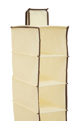 Cream-colored hanging shoe organiser with brown trim and top handle for easy storage and access