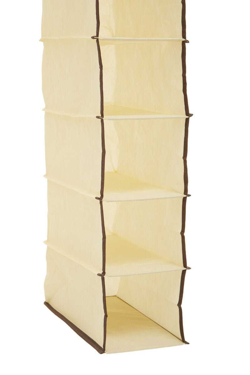 Beige fabric hanging shoe organiser with brown trim and five tiered compartments for easy shoe storage