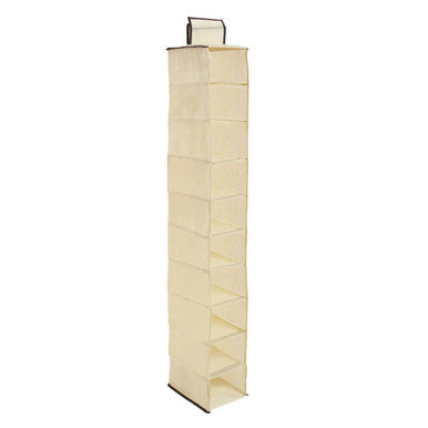 Beige fabric hanging shoe organiser with brown trim, ten compartments, and a top handle for easy hanging
