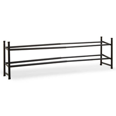 Black metal two tier shoe rack with two horizontal shelves and vertical supports for organized shoe storage