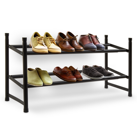 Black metal two tier shoe rack tavia perfect for organizing shoes in small spaces with sturdy design