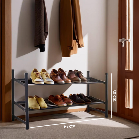 Black metal two tier shoe rack tavia with sturdy frame perfect for organizing shoes in small spaces