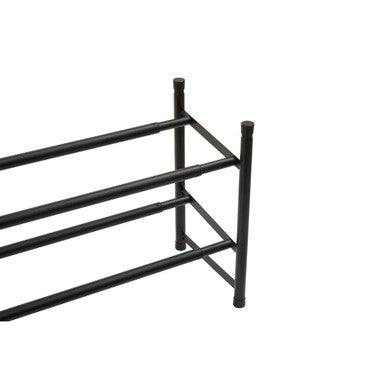 Black metal shoe rack with two horizontal shelves and vertical supports perfect for organized shoe storage