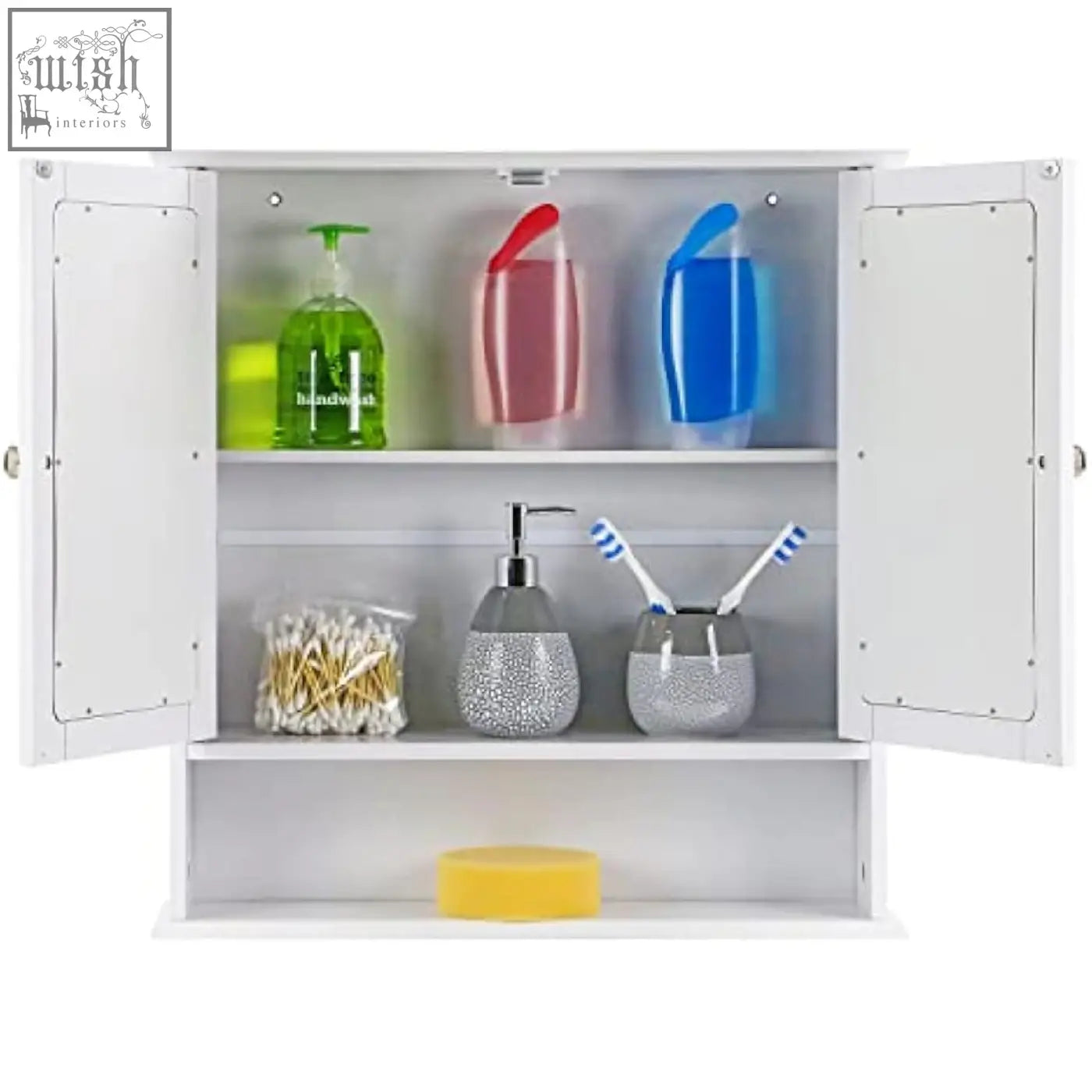 White double mirrored bathroom cabinet with two doors and shelves holding colorful dispensers and silver containers