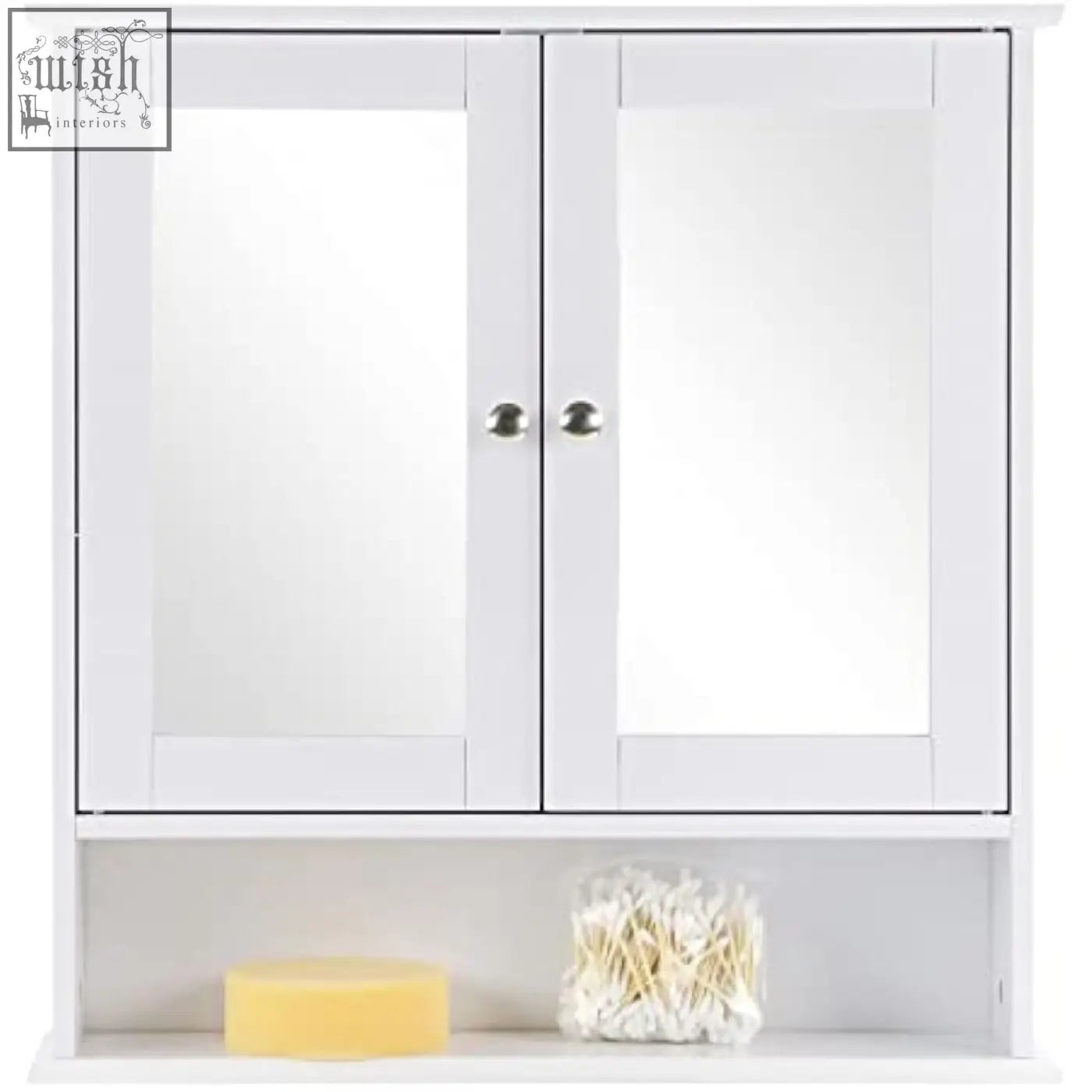 White double mirrored bathroom cabinet with silver knobs and lower shelf holding toiletries by taylor and brown maine white