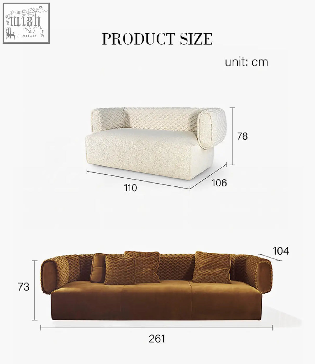 Cream-colored quilted fabric two seater loveseat with rolled arms and brown velvet three seater c shape sofa offer financing and low shipping cost