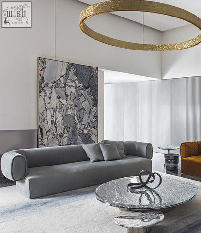 Gray leather two seater sofa taylor with rounded armrests and cushions offering financing and low shipping cost
