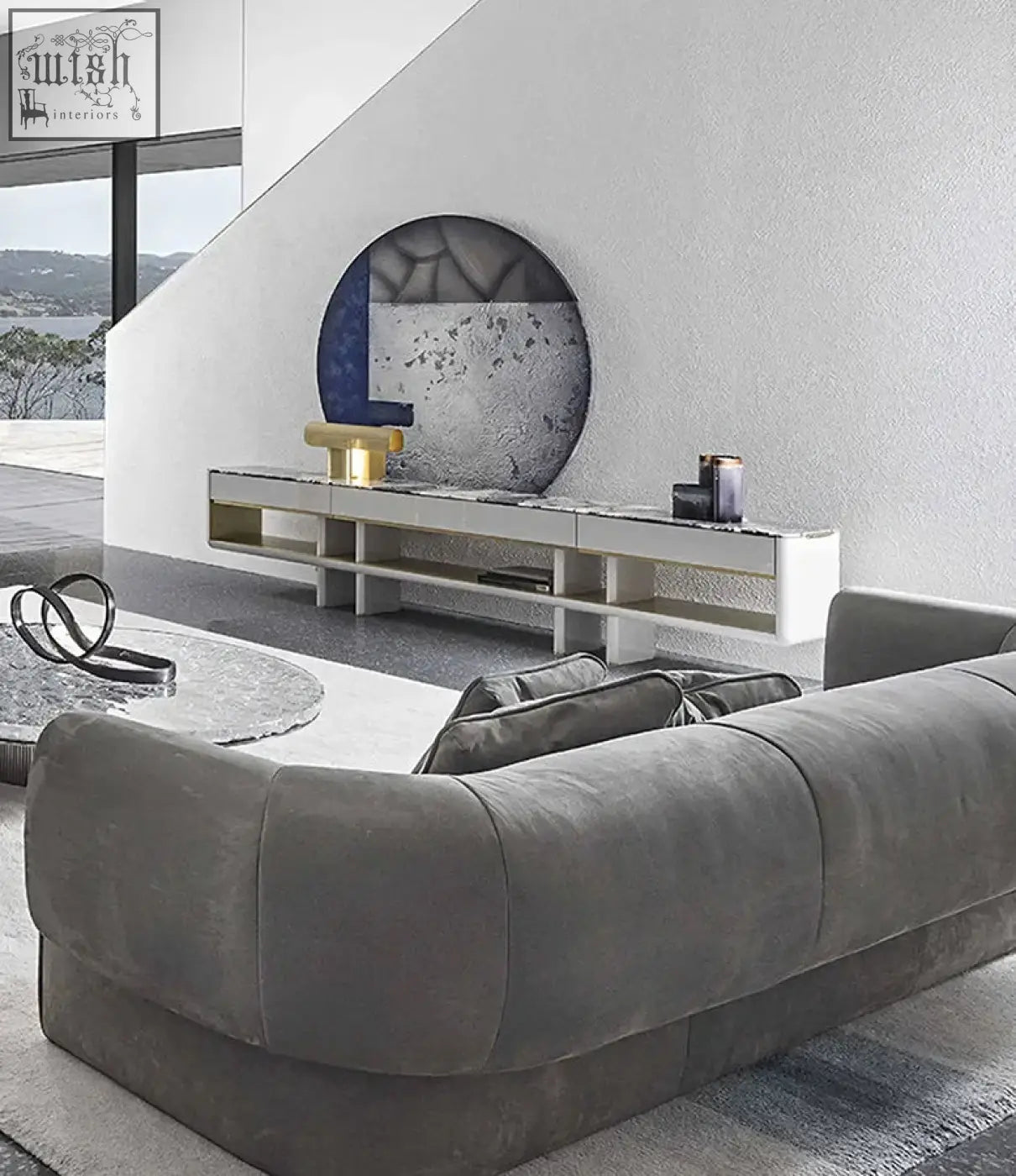 Gray velvet taylor three seater sectional sofa with plush rounded cushions low profile design offer financing available shipping cost