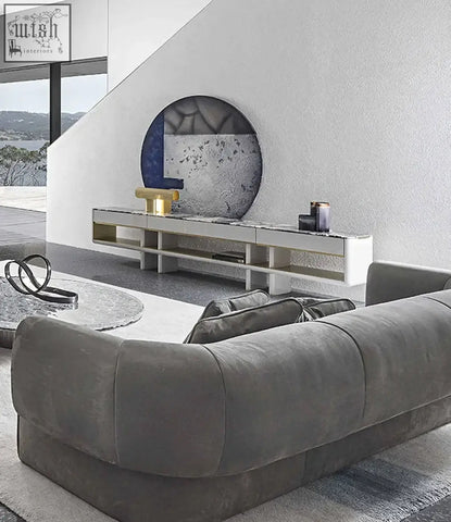 Gray velvet taylor three seater sectional sofa with plush rounded cushions low profile design offer financing available shipping cost