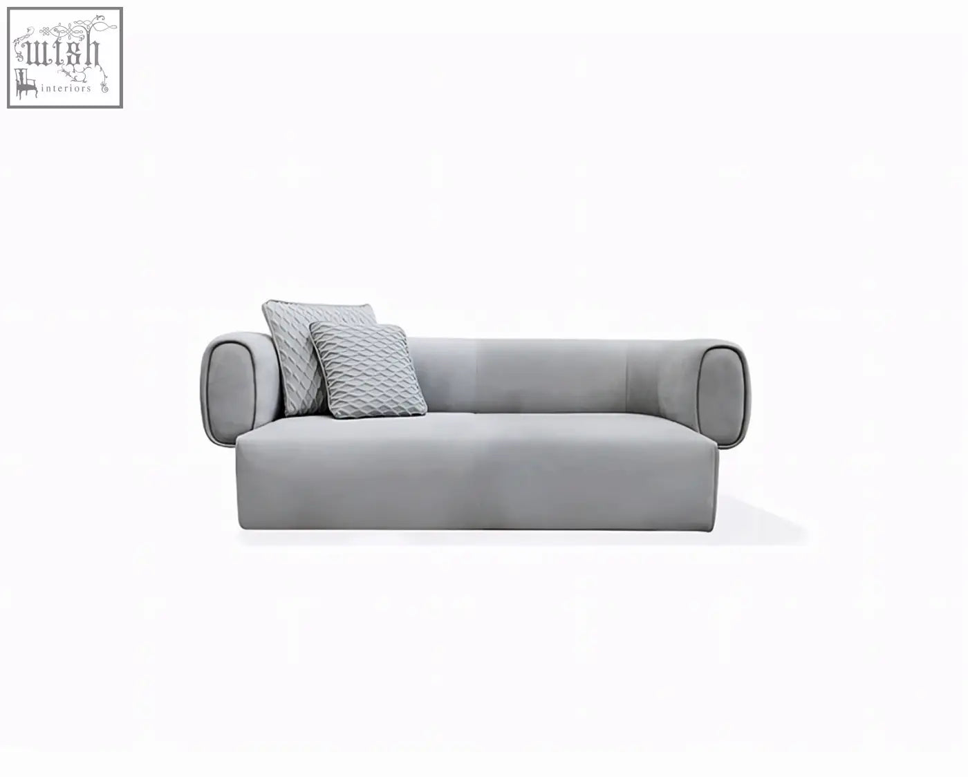 Modern gray upholstered taylor three seater sofa with rounded armrests and textured throw pillows offer financing available