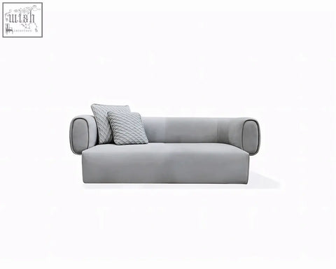 Modern gray upholstered taylor three seater sofa with rounded armrests and textured throw pillows offer financing available