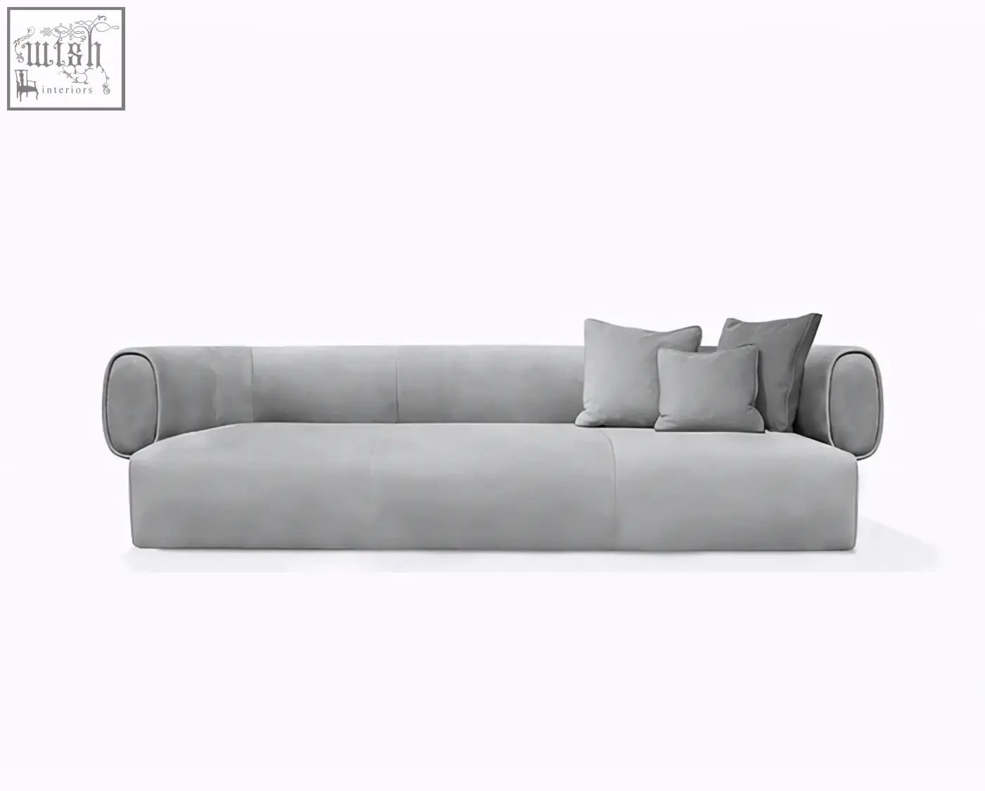 Modern gray velvet three seater sofa taylor with rounded armrests and matching throw pillows offer financing available