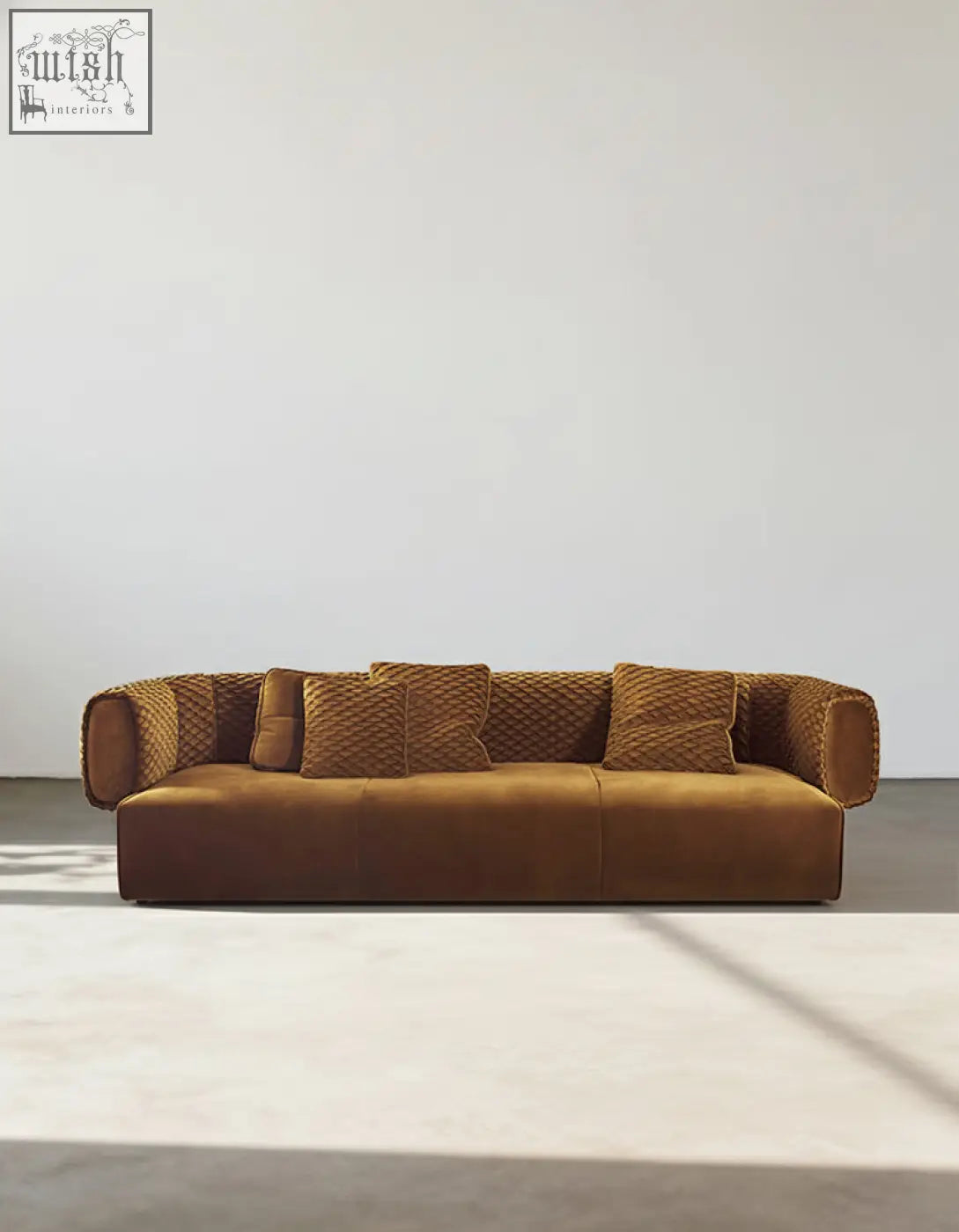A caramel velvet taylor three seater sofa with quilted back cushions offering low shipping cost and financing options