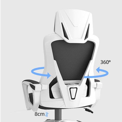 White tayona office chair with black mesh back and angular design featuring 360-degree swivel functionality