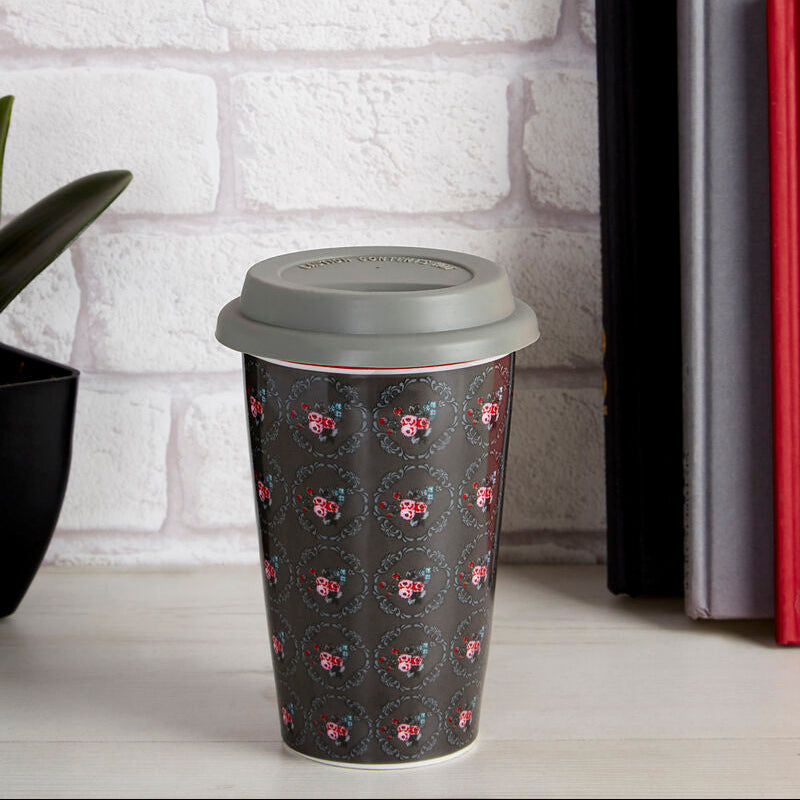 Dark gray taza ditsy floral ceramic travel mug with red white floral pattern and matching silicone lid