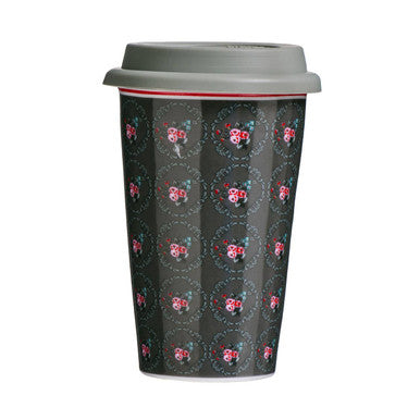 Black ceramic travel mug with pink ditsy floral pattern and gray silicone lid taza ditsy floral ceramic mug