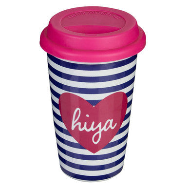A vibrant pink and navy blue taza hiya ceramic travel mug with silicone lid and bold red heart hiya design