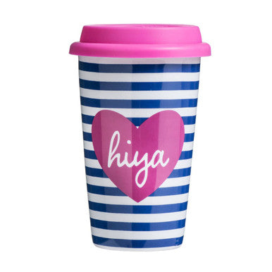 Pink and blue striped taza hiya ceramic travel mug with silicone lid and pink heart hiya design in white cursive