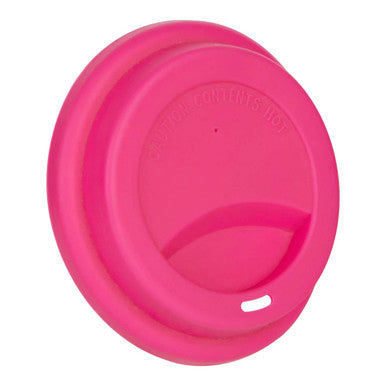 Bright pink silicone lid with handle and sip opening on taza hiya ceramic travel mug for easy drinking