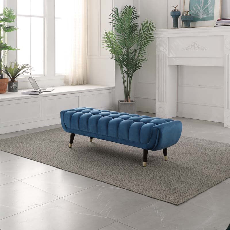 Blue tufted velvet tb15 orange bench with dark wood legs and gold-tone caps for stylish seating