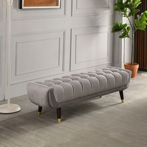 Gray tufted velvet tb15 orange bench with dark wood legs and gold-colored feet perfect for stylish seating