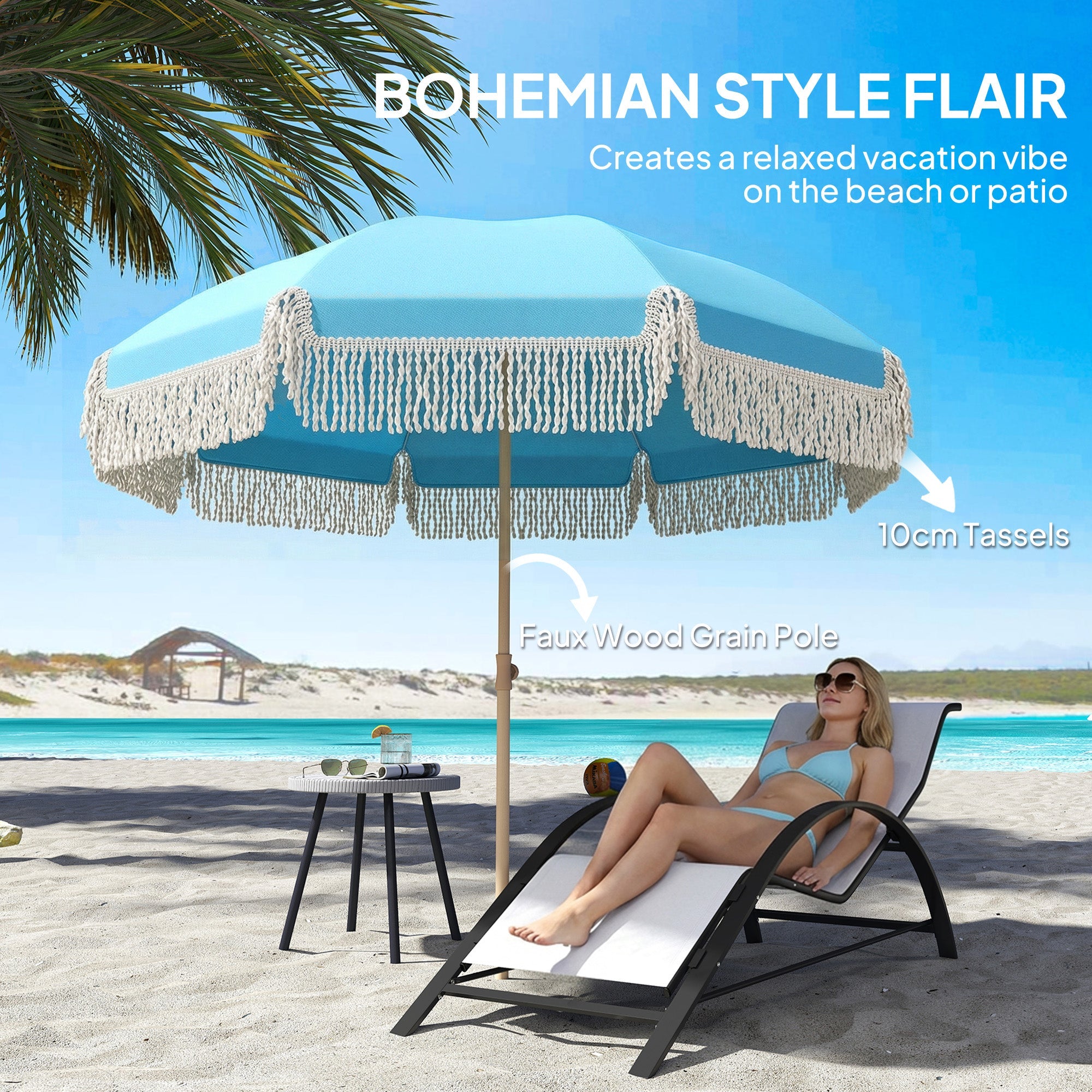 Outsunny 1.7 m Beach Umbrella with Sand Anchor, 30° Tilting Fringed Beach Garden Parasol with Adjustable Height, Grey