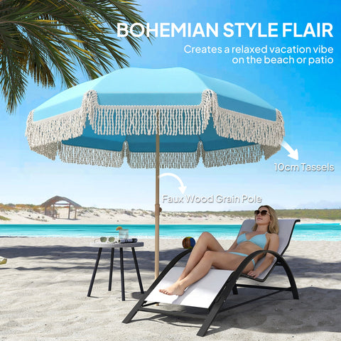 Outsunny 1.7 m Beach Umbrella with Sand Anchor, 30° Tilting Fringed Beach Garden Parasol with Adjustable Height, Grey