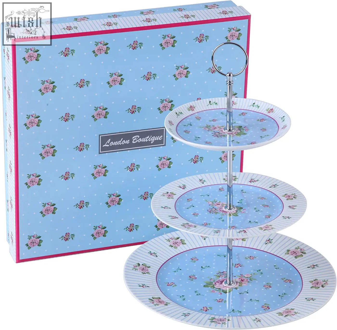 Three-tiered cake stand with pink floral light blue plates and silver column featuring milk jug and sugar bowl gift box