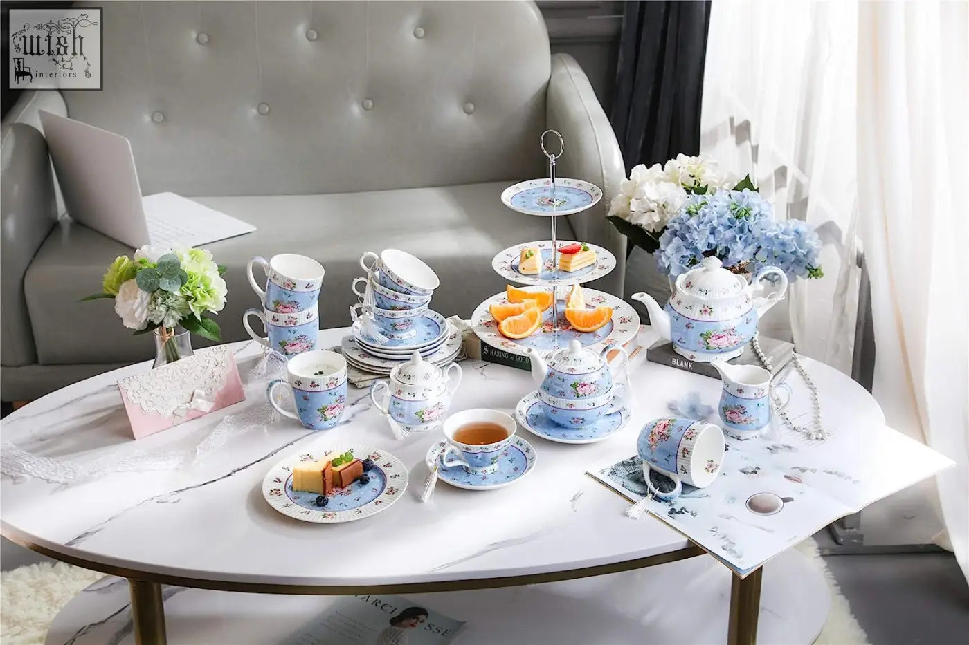 Blue and white porcelain tea set with milk jug sugar bowl and floral patterns perfect for gift box occasions