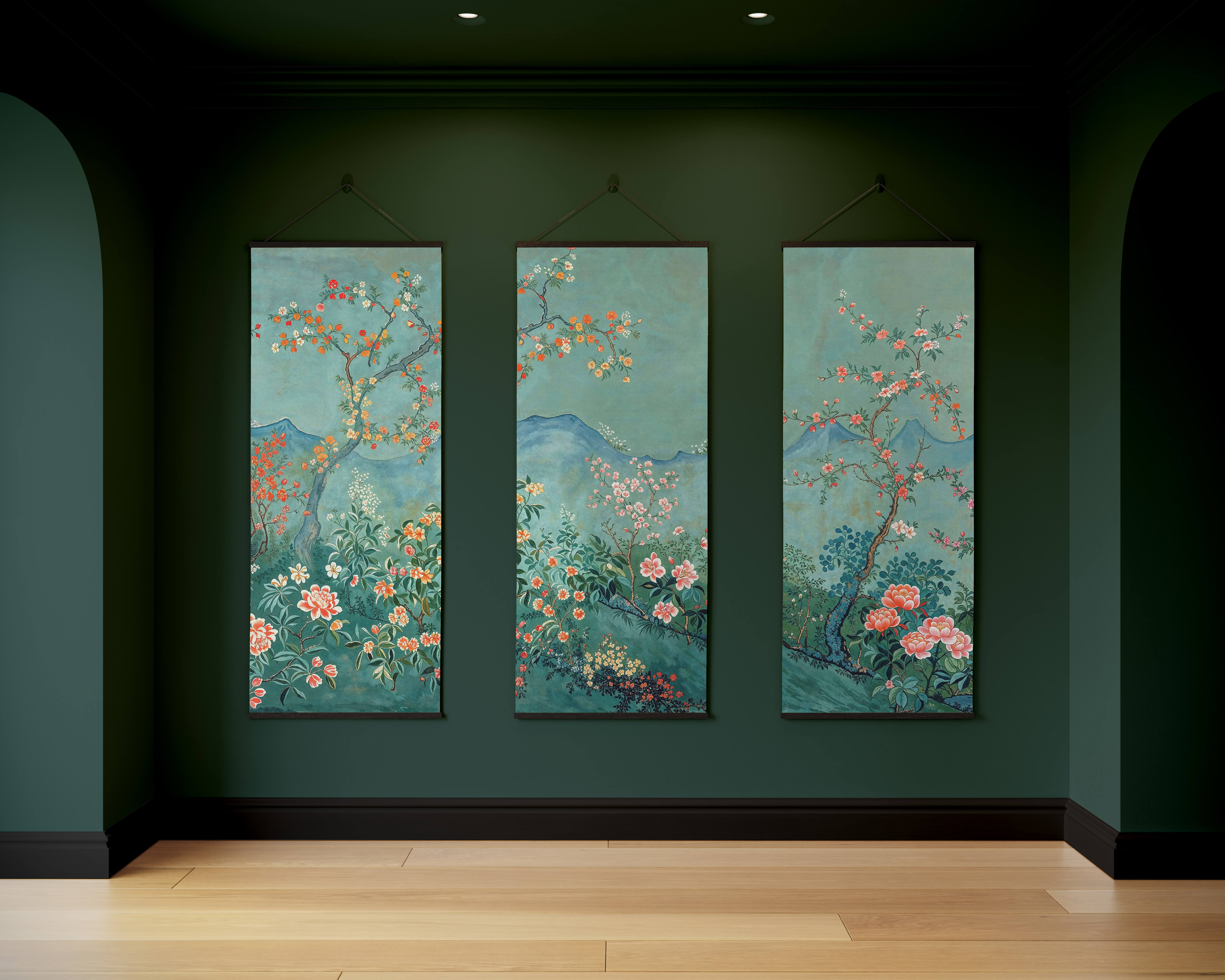 Three-panel teal chinoiserie tapestry with traditional floral and mountain landscape on a muted teal chinoiserie wall