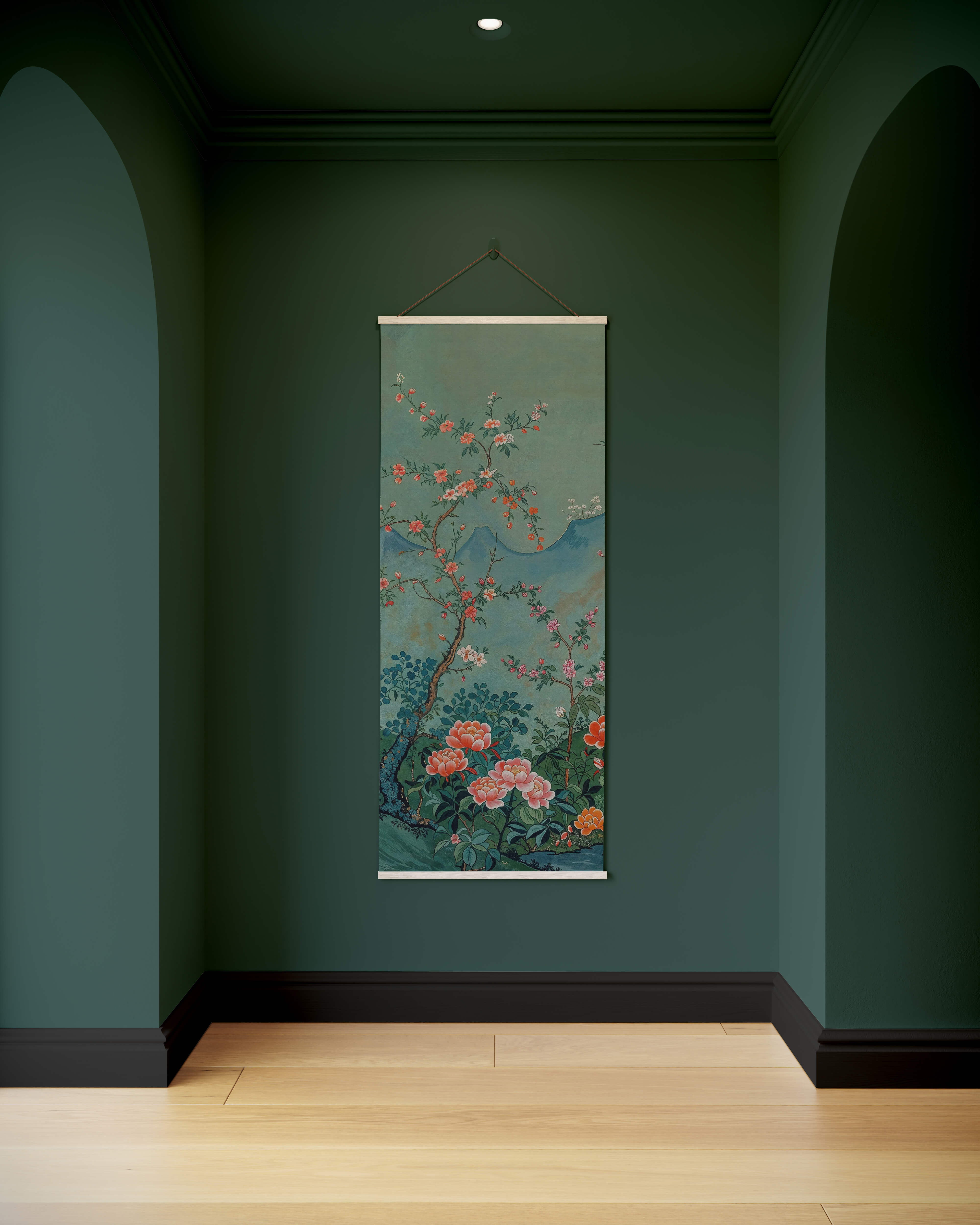 A teal chinoiserie tapestry with blooming pink and orange flowers on soft teal and white bordered chinoiserie wall decor