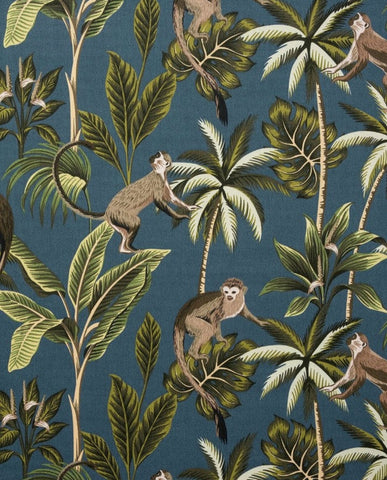Deep teal french drum lampshade with jungle monkey cotton fabric featuring brown monkeys and tropical foliage