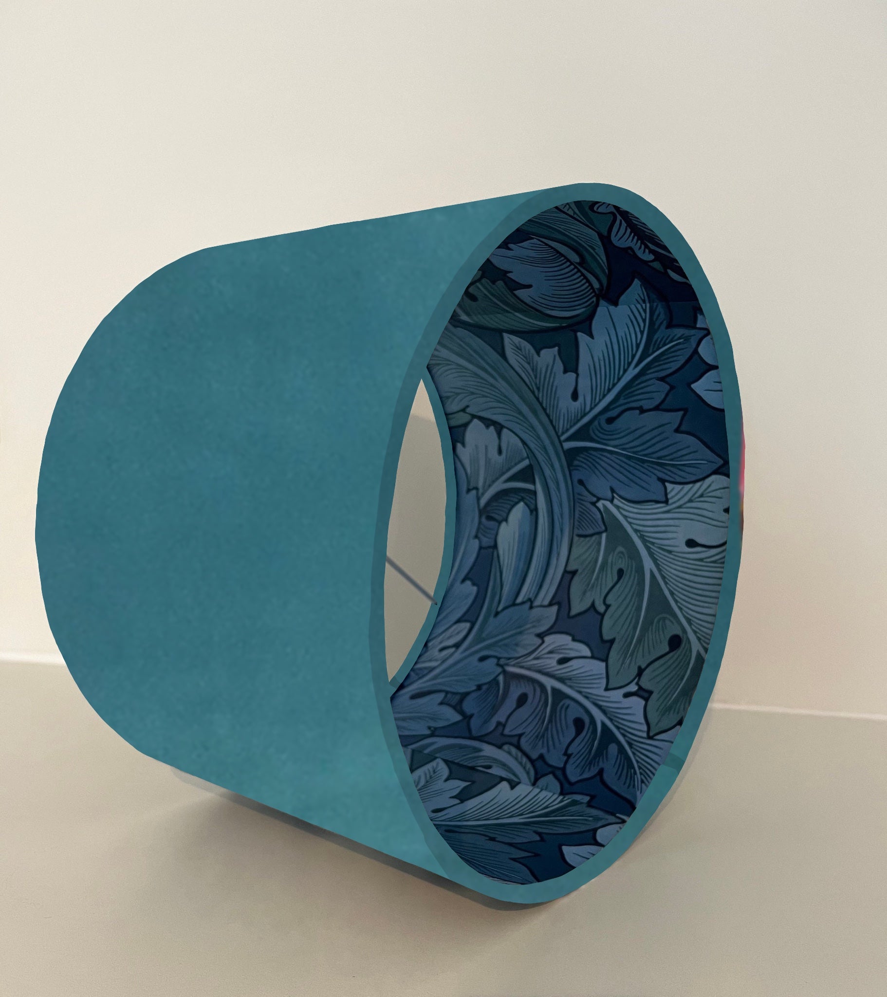 Teal velvet drum lampshade with 30cm height and intricate blue leaves paper interior design