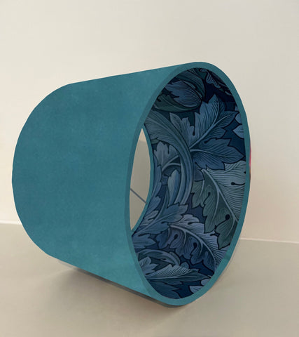 Teal velvet drum lampshade with 30cm height and intricate blue leaves paper interior design