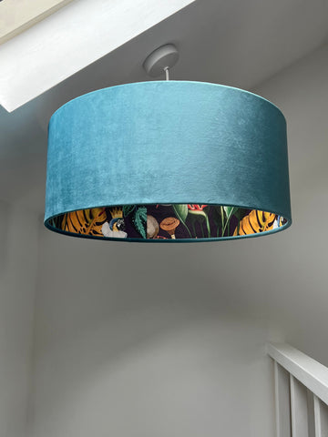 Teal velvet wonderland drum lampshade 30cm height with vibrant jungle-inspired wonderland lined lampshades interior