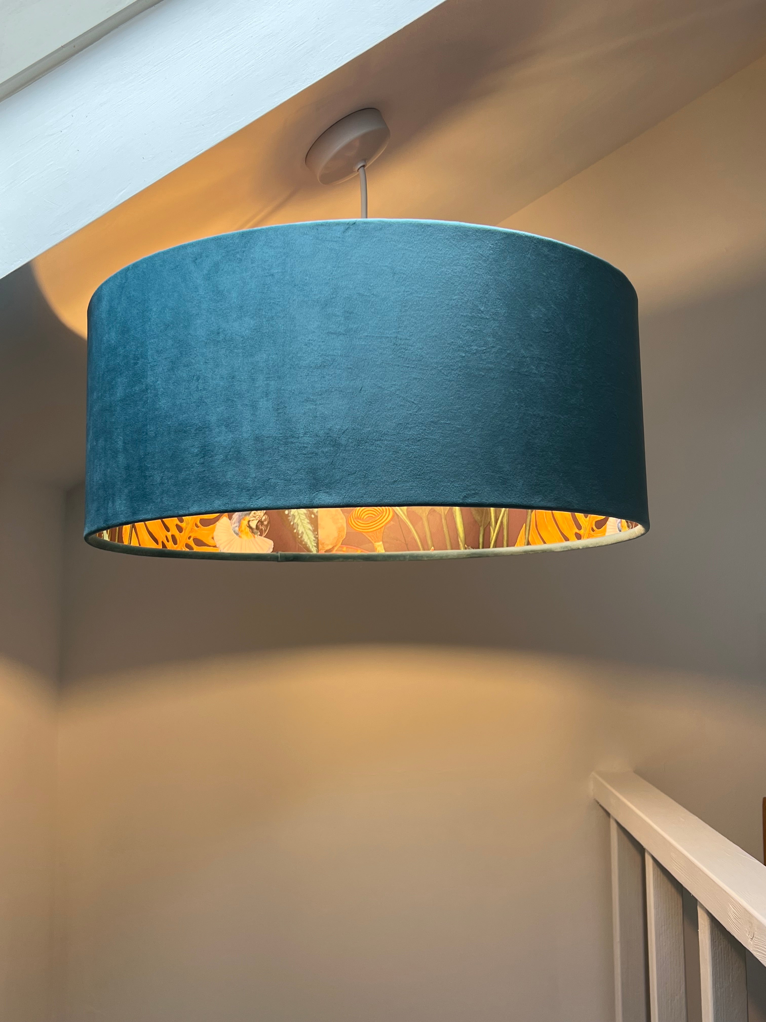 Teal velvet wonderland drum lampshade with 30cm height and gold foil floral wonderland lined lampshades interior