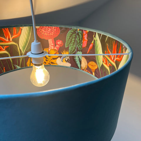 Teal velvet wonderland drum lampshade with 30cm height and vibrant botanical mushroom wonderland lined interior