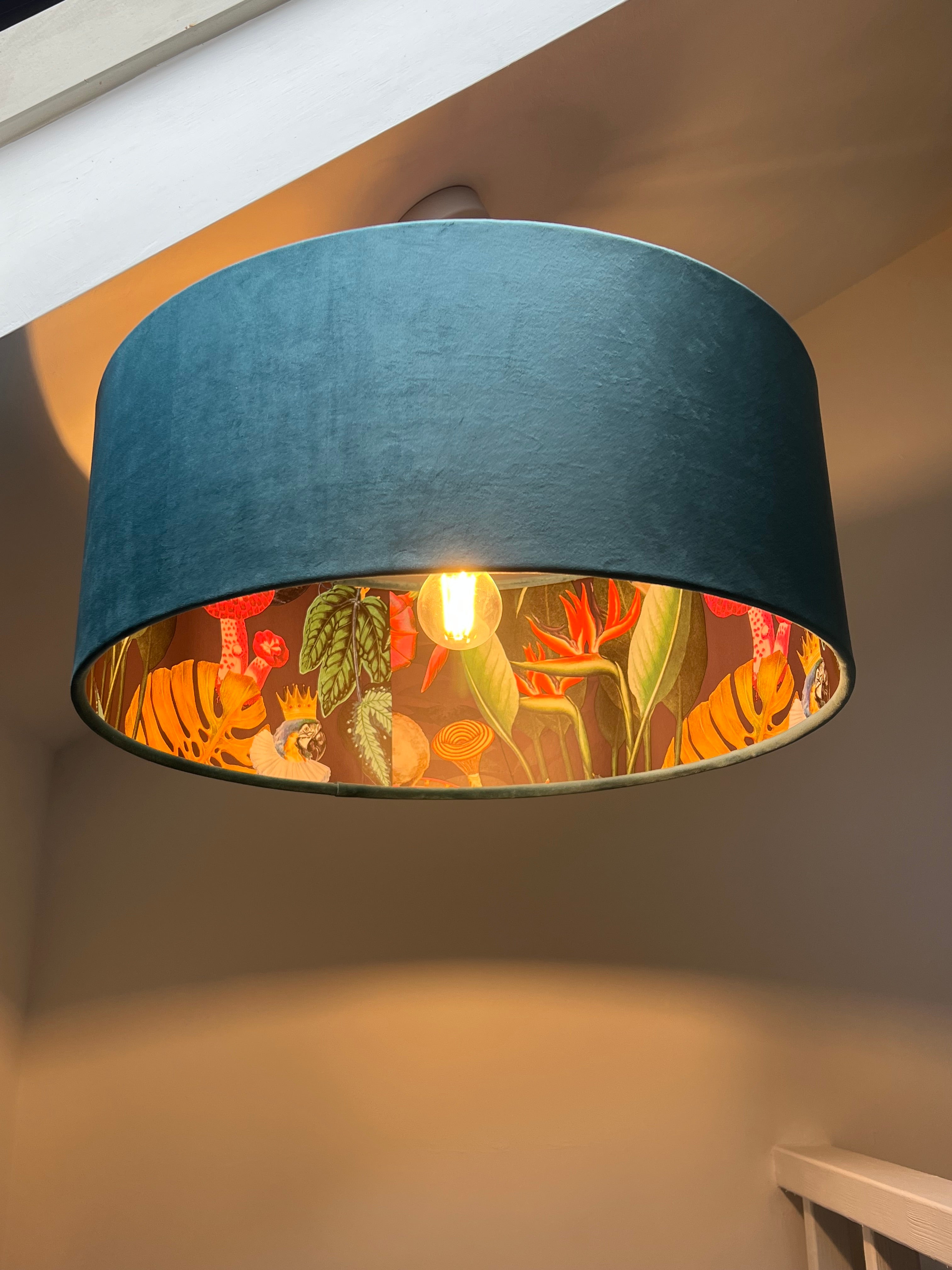 Teal velvet wonderland 30cm height drum lampshade with vibrant jungle wonderland lined lampshades interior