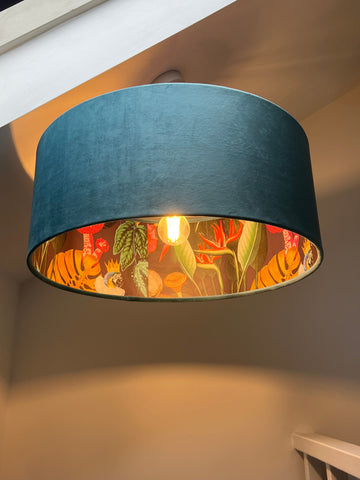 Teal velvet wonderland 30cm height drum lampshade with vibrant jungle wonderland lined lampshades interior