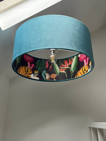 Teal velvet wonderland 30cm height drum lampshade with vibrant tropical wonderland lined lampshades interior print