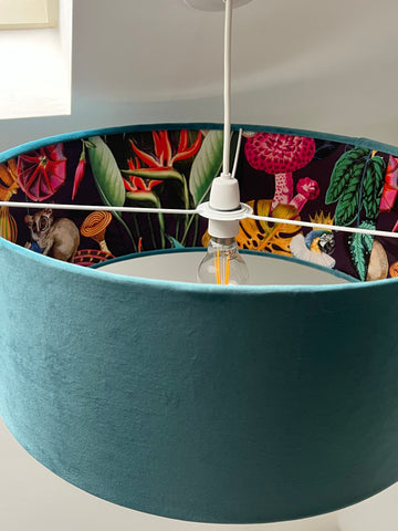 Teal velvet wonderland drum lampshade 30cm height with vibrant tropical wonderland lined lampshades interior