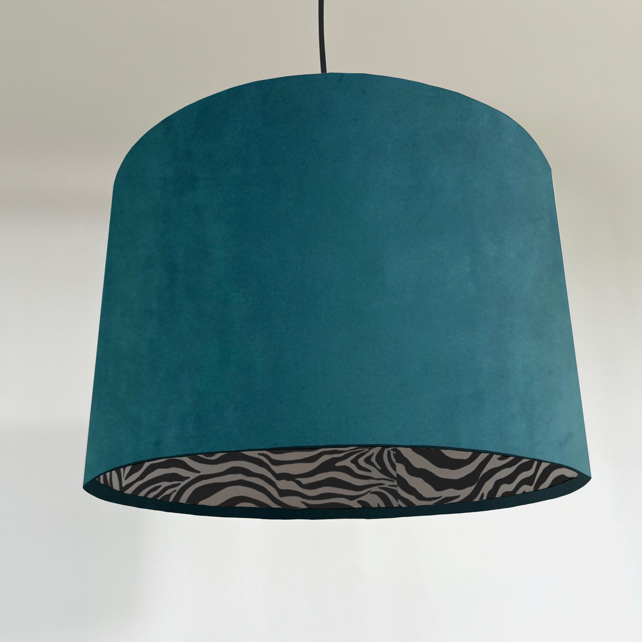 Teal velvet double sided ceiling light shade with zebra cotton interior handmade bespoke uk lampshade
