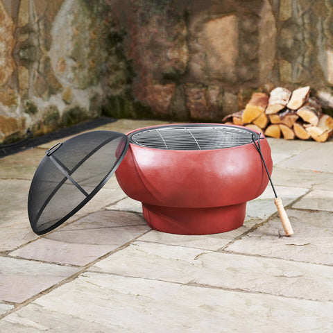 Red ceramic teamson home outdoor wood burning fire pit with black mesh lid and metal grill for home outdoor use