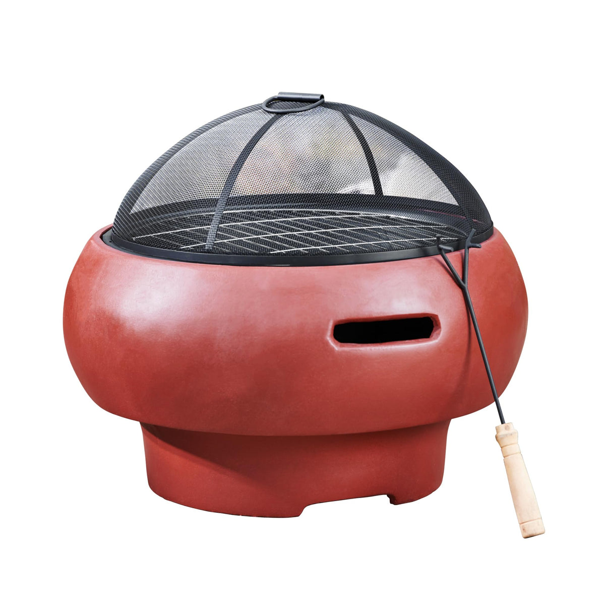 Red ceramic teamson home outdoor wood burning fire pit with black mesh screen and wooden handled poker tool