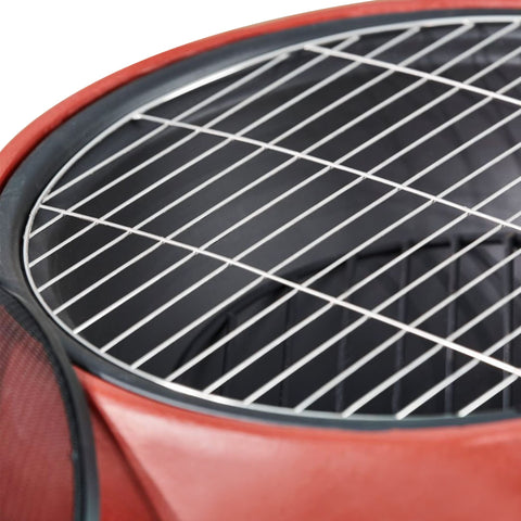 Red circular teamson home outdoor wood burning fire pit with black interior and silver metal grates for grilling