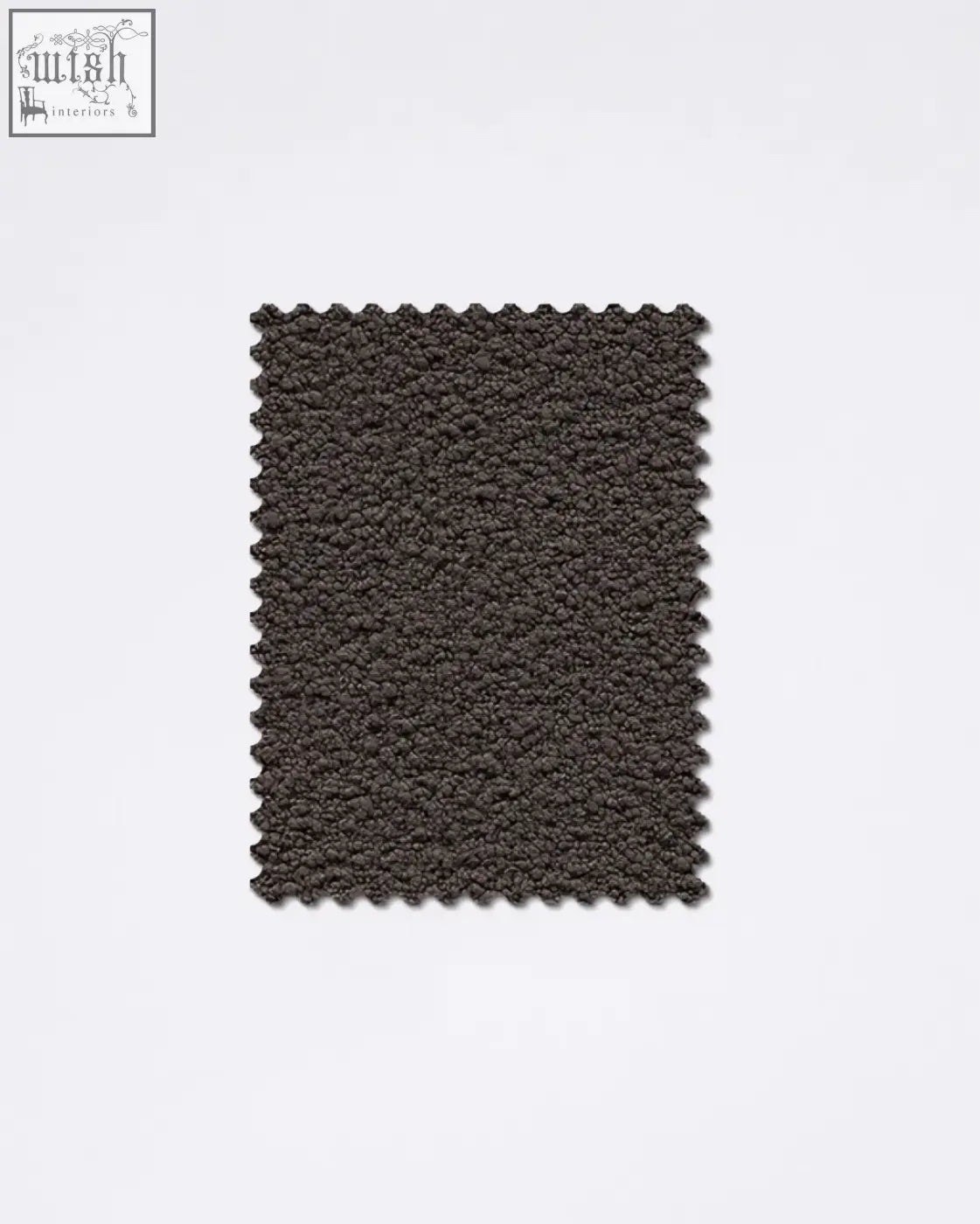 Dark gray teddyc-05 boucle fabric sample with plush textured fuzzy surface and scalloped edges for upholstery or decor