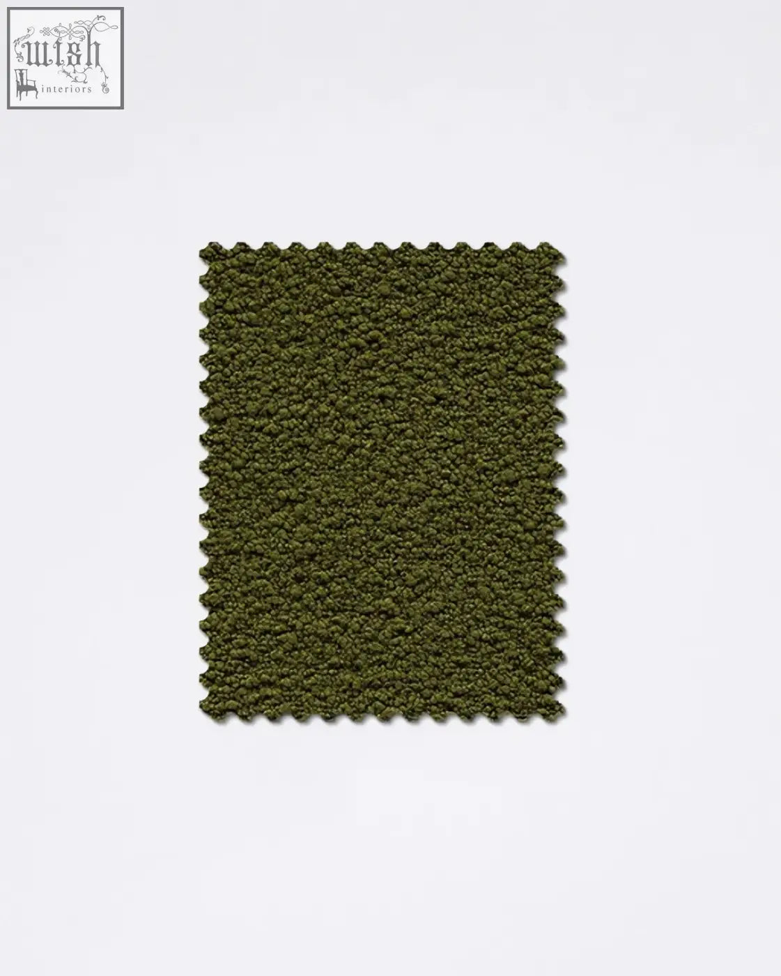 Olive green teddyc-13 boucle fabric sample with plush textured boucle fabric and scalloped edge fabric sample