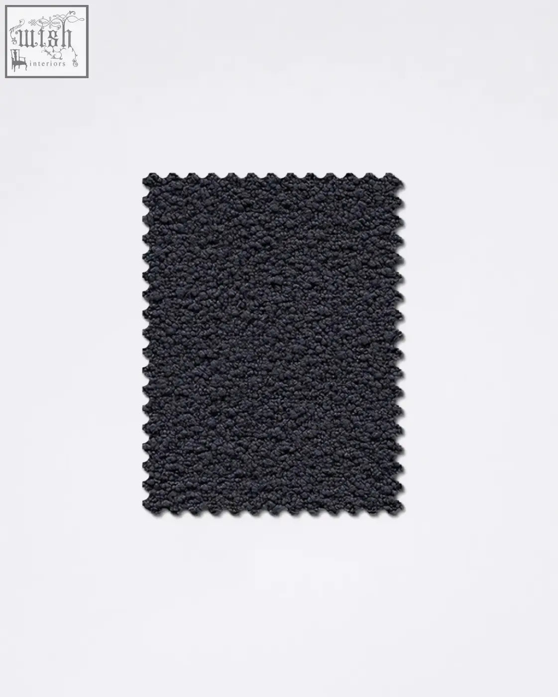 Black teddyc-16 boucle fabric sample with plush fuzzy surface and scalloped edges perfect for cozy projects