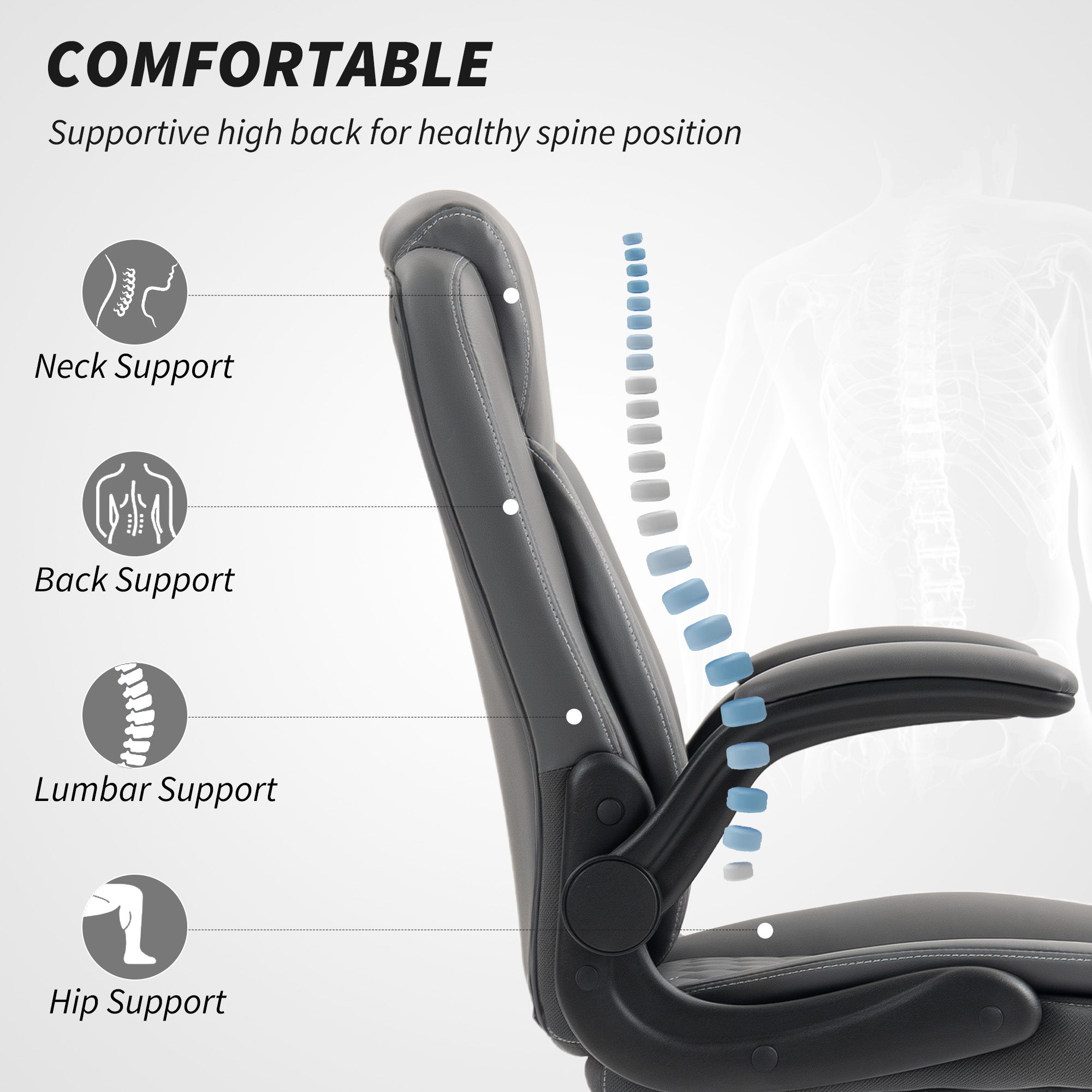HOMCOM Faux Leather Office Chair. with Flip-Up Armrests - Charcoal Grey