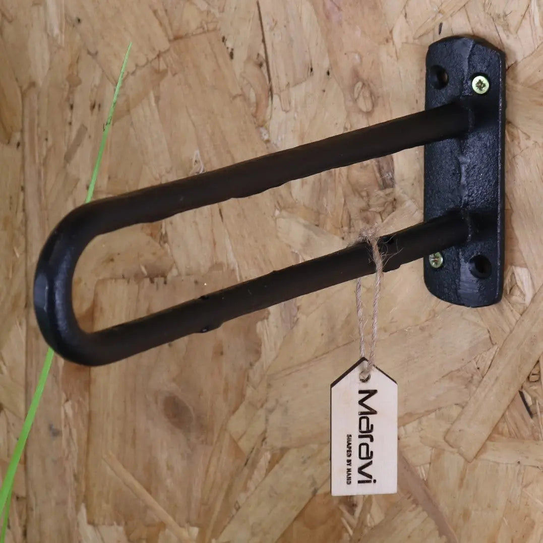 Black cast iron u-shaped wall hook with rectangular mounting plate for industrial style shelf use